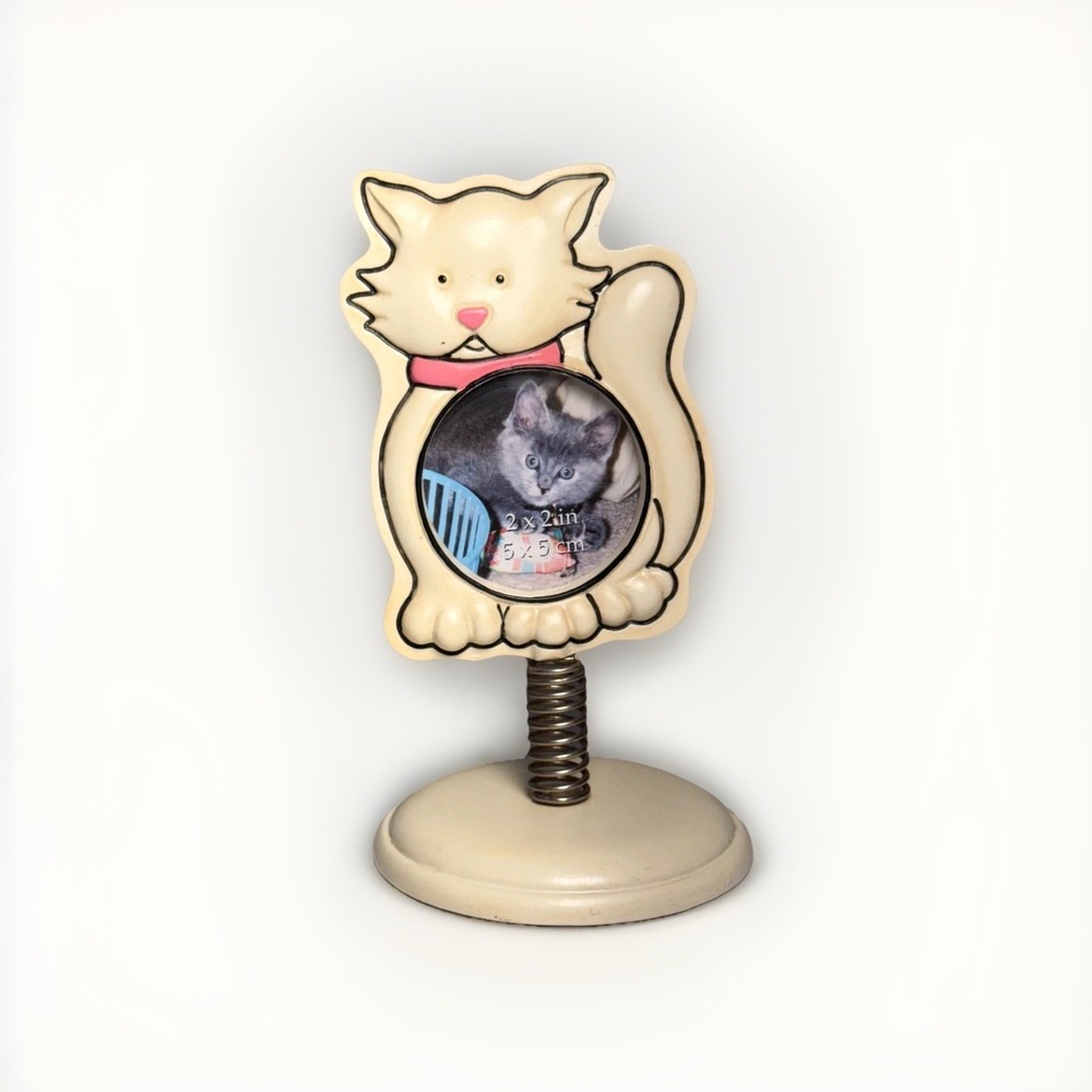 Burnes Group 2005 Cat Photo Frame 2x2in Spring Stand Cream Metal Tabletop Decor